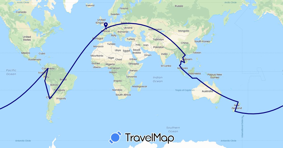 TravelMap itinerary: driving in Chile, Colombia, France, Indonesia, Cambodia, Laos, Malaysia, New Zealand, Peru, Singapore, Thailand, Vietnam (Asia, Europe, Oceania, South America)